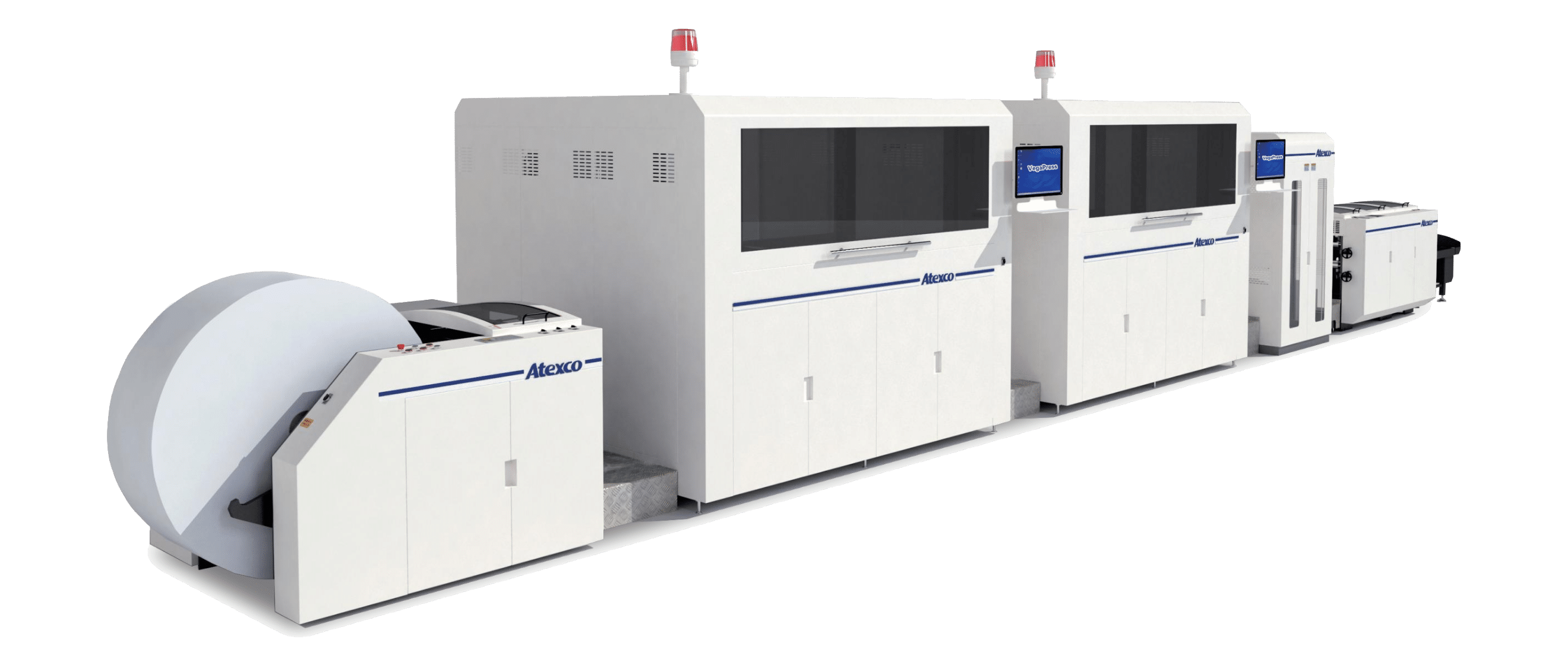 The full Atexco VegaPress line: unwinder, two print towers with control screens, and finishing